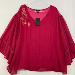New Curations size 3X Pink Floral Embroidered Flare Sleeve Swiss Dot Relaxed Top